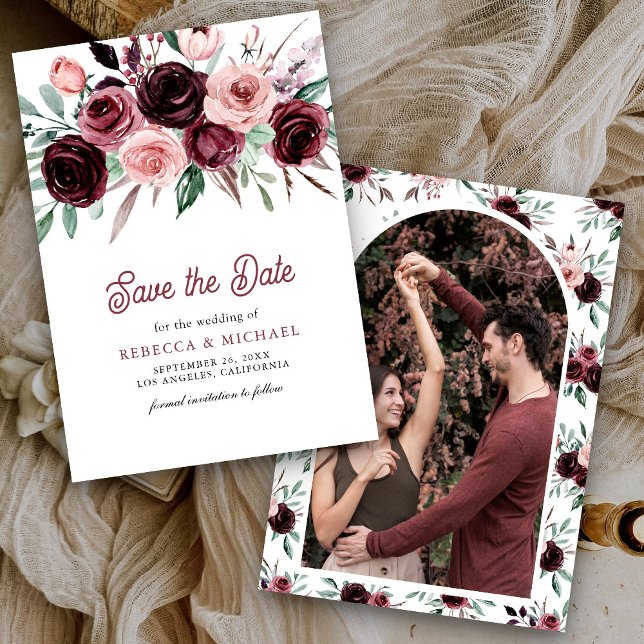 Dusty Pink Burgundy Floral Wedding Save The Date (Von Creator hochgeladen)