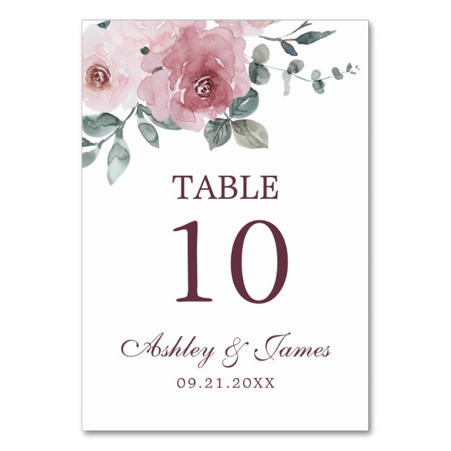 Dusty Pink Burgundy Floral Wedding Tischnummer (Vorderseite)