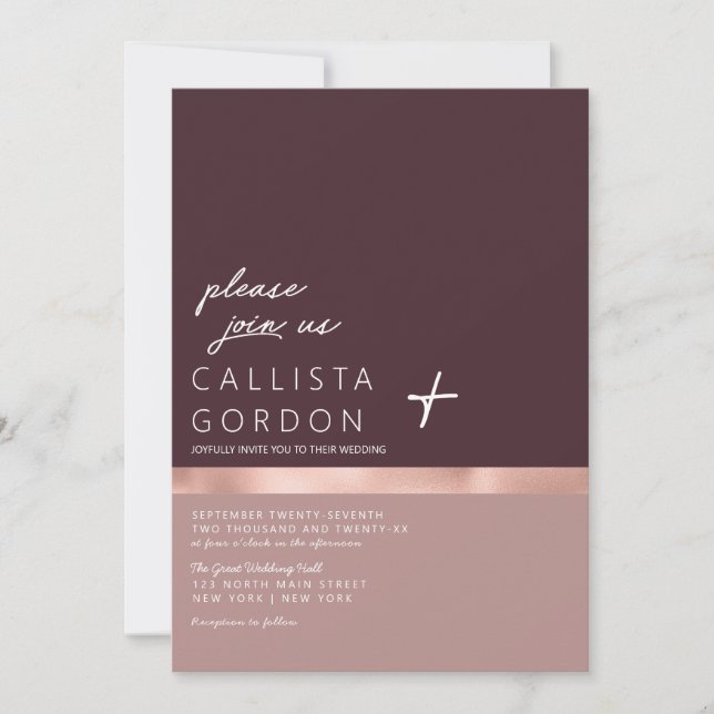 Dusty Pink Burgundy Rose Gold Farbblock Hochzeit Einladung (Vorderseite)