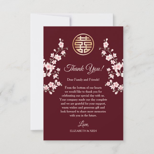 Dusty Pink Cherry Blossom Chinesische Hochzeit Dankeskarte (Vorderseite)