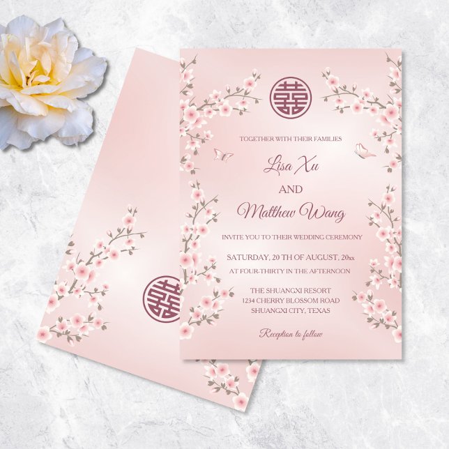 Dusty Pink Cherry Blossom Chinesische Hochzeit Einladung (Von Creator hochgeladen)