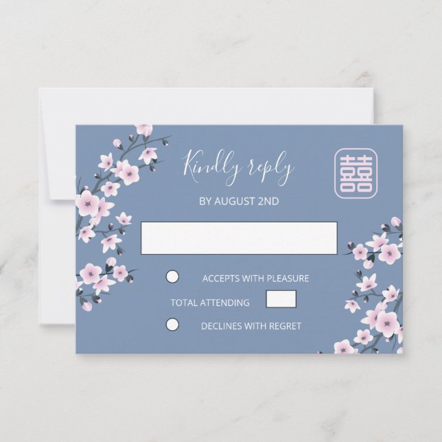 Dusty Pink Cherry Blossom Chinesische Hochzeit RSVP Karte (Vorderseite)