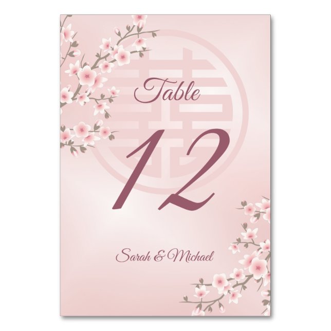 Dusty Pink Cherry Blossom Chinesische Hochzeit Tischnummer (Rückseite)