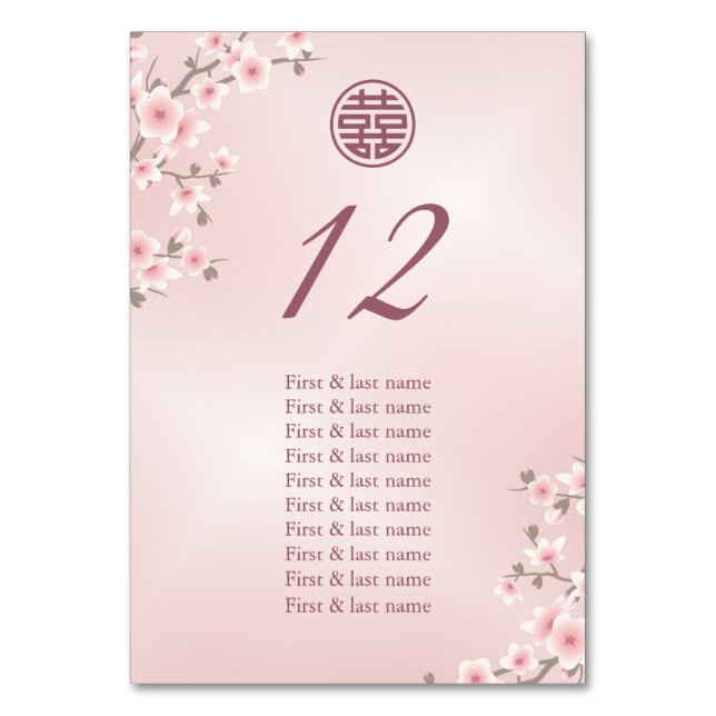 Dusty Pink Chinese Wedding Guest Names Tischnummer (Vorderseite)