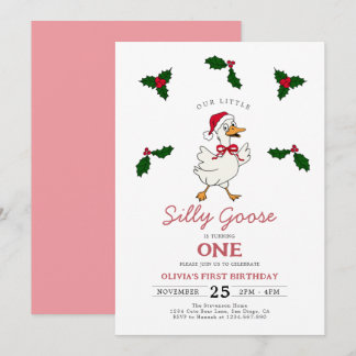 Dusty Pink Christmas Silly Goose Girl 1st Birthday Einladung