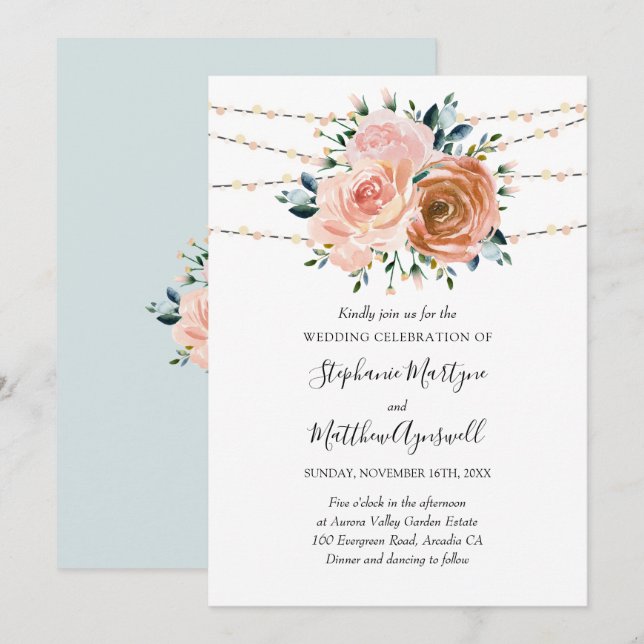 Dusty Pink Coral Blue Botanical Lights Wedding Einladung (Vorne/Hinten)