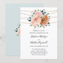 Dusty Pink Coral Blue Botanical Lights Wedding