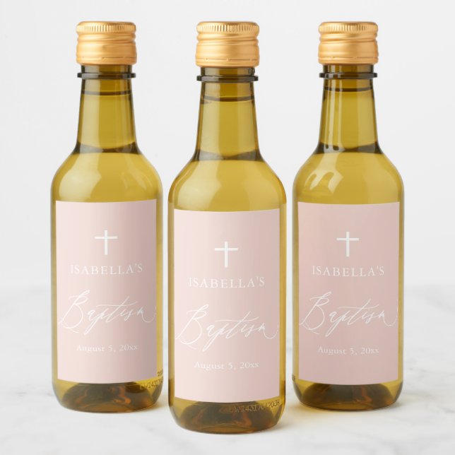 Dusty Pink Cross Girl Baptism Mini Étiquette de vi (Bouteilles)