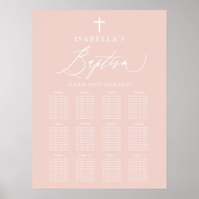 Dusty Pink Cross Girl Taufe Seating Chart Sign Poster (Vorne)