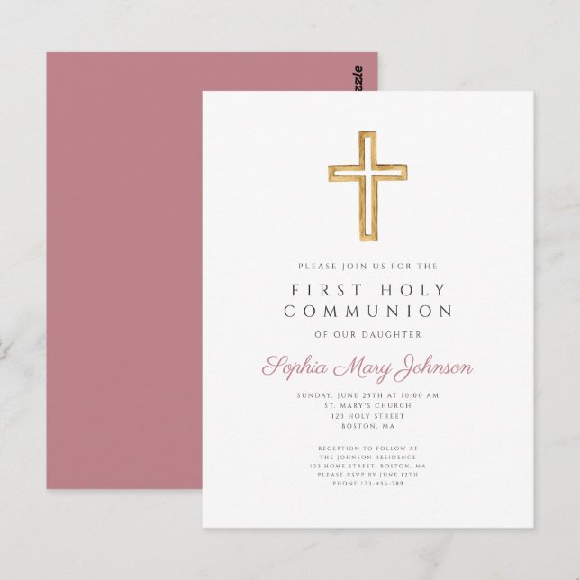 Dusty Pink Cross Religious Junge Erste Kommune Postkarte (Vorne/Hinten)