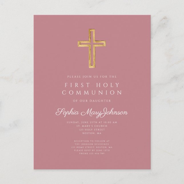 Dusty Pink Cross Religious Junge Erste Kommune Postkarte (Vorderseite)
