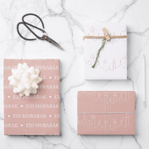 Dusty Pink Eid Mubarak Masjid Muster Design Geschenkpapier Set