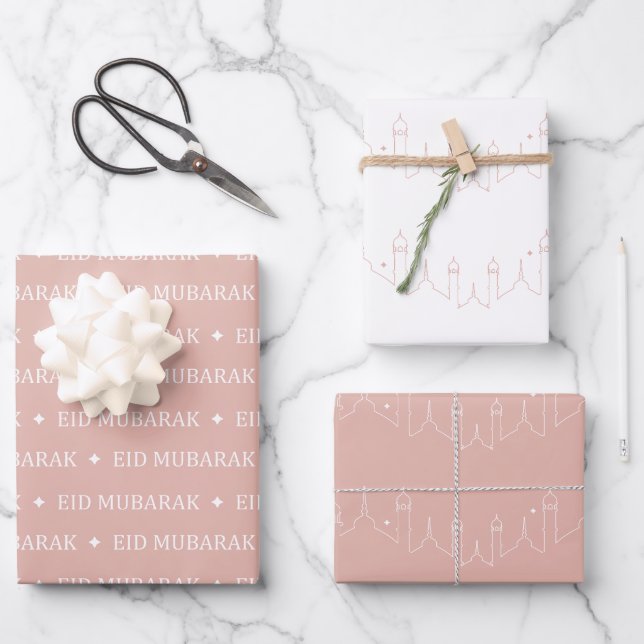 Dusty Pink Eid Mubarak Masjid Muster Design Geschenkpapier Set (Vorderseite)