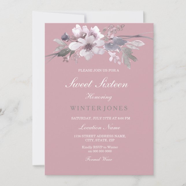 Dusty Pink Elegant Floral Sweet 16 Einladung (Vorderseite)