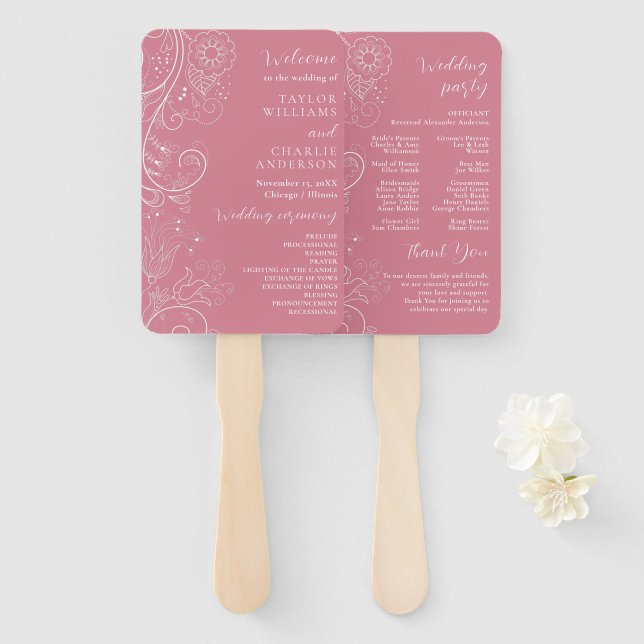 Dusty Pink Elegant Floral Wedding Programm Fächer (Vorne und Hinten)