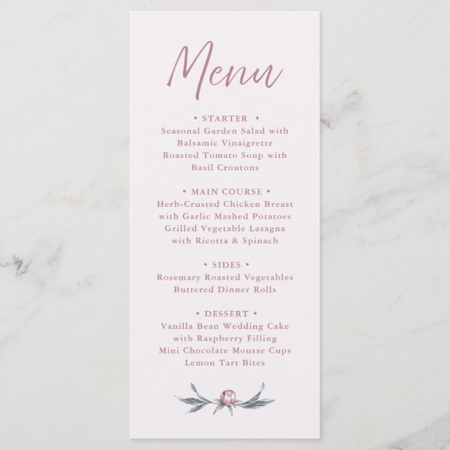 Dusty Pink Elegant Script Wedding Menu Menükarte (Vorderseite)