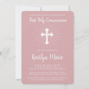 Dusty Pink Erste Kommune für Tochter mit Kreuz Einladung