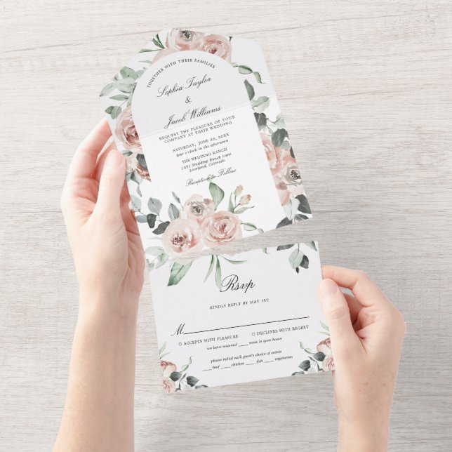 Dusty Pink Eukalyptus Floral Wedding All In One Einladung (Abreißen)