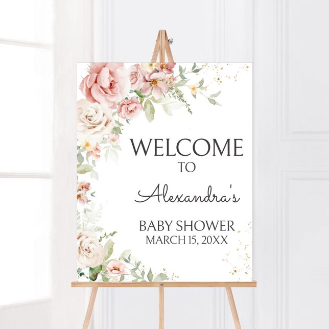 Dusty Pink Floral Baby Dusche Willkommen Poster (Dusty Pink Floral Greenery Baby Shower Welcome Sign)