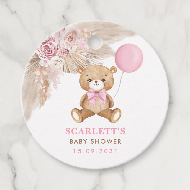 Dusty Pink Floral Boho Teddy Bear Baby Dusche Geschenkanhänger (Vorderseite)