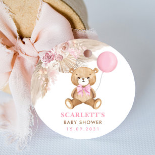 Dusty Pink Floral Boho Teddy Bear Baby Dusche Runder Aufkleber