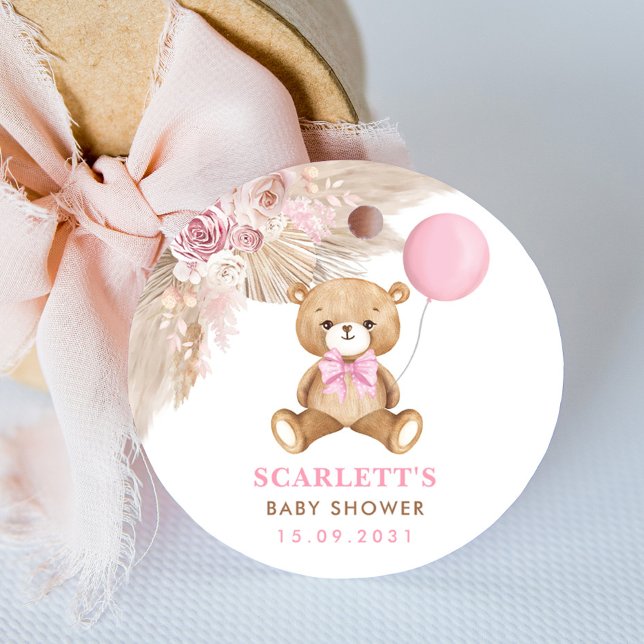 Dusty Pink Floral Boho Teddy Bear Baby Dusche Runder Aufkleber (Von Creator hochgeladen)