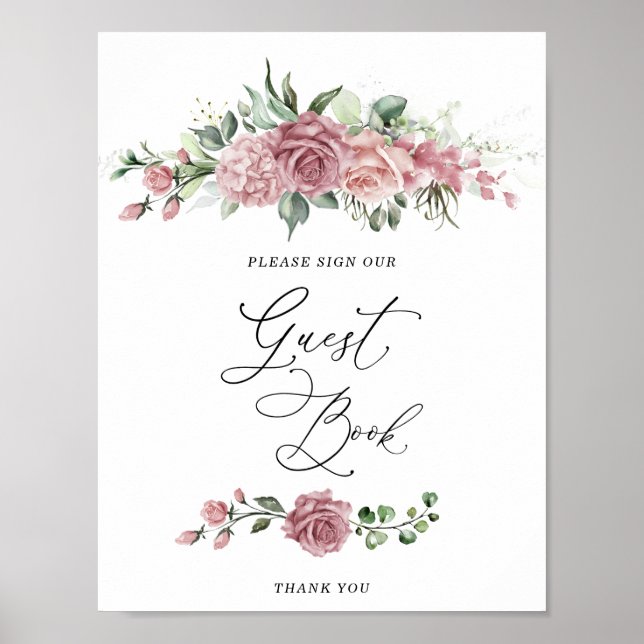  Dusty Pink Floral Bridal Shower Guest Book Poster (Vorne)