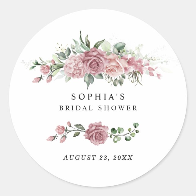 Dusty Pink Floral Bridal Shower Runder Aufkleber (Vorderseite)