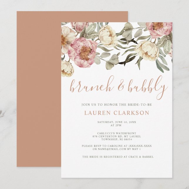 Dusty Pink Floral Brunch Brautparty Einladung (Vorne/Hinten)