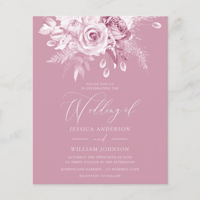 Dusty Pink Floral Budget Einladung Hochzeit (Vorderseite)