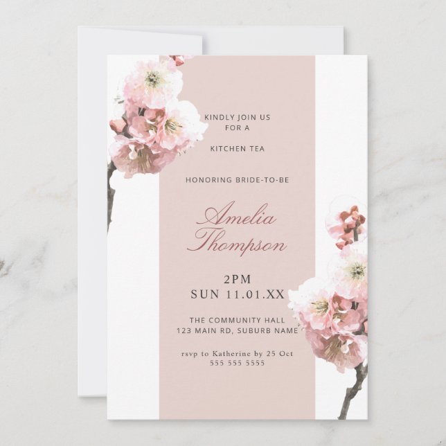Dusty Pink Floral Cherry Blossom Brautparty Einladung (Vorderseite)