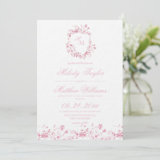 Dusty Pink Floral Crest Royal Calligraphy Wedding Einladung