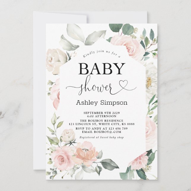 Dusty Pink Floral Diamond Babydusche Einladung (Vorderseite)