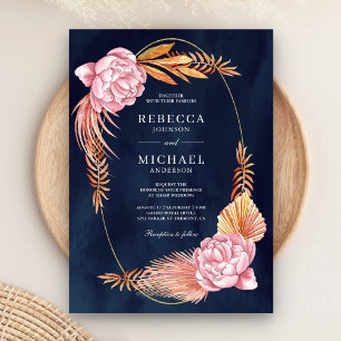 Dusty Pink floral Dried Palm Blätter Navy Hochzeit Einladung