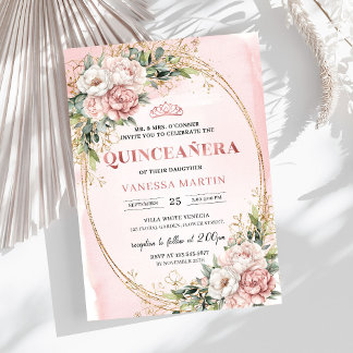 Dusty Pink Floral Eucalyptus Quinceañera Birthday Einladung