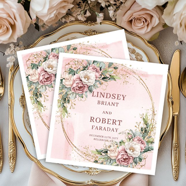 Dusty Pink Floral Eucalyptus Sparkle Gold Wedding  Serviette (Dusty Pink Floral Eucalyptus Sparkle Gold Wedding Napkins)