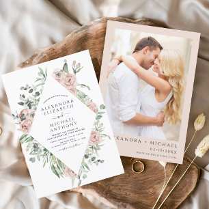 Dusty Pink Floral Foto Eukalyptus Wedding Einladun Einladung