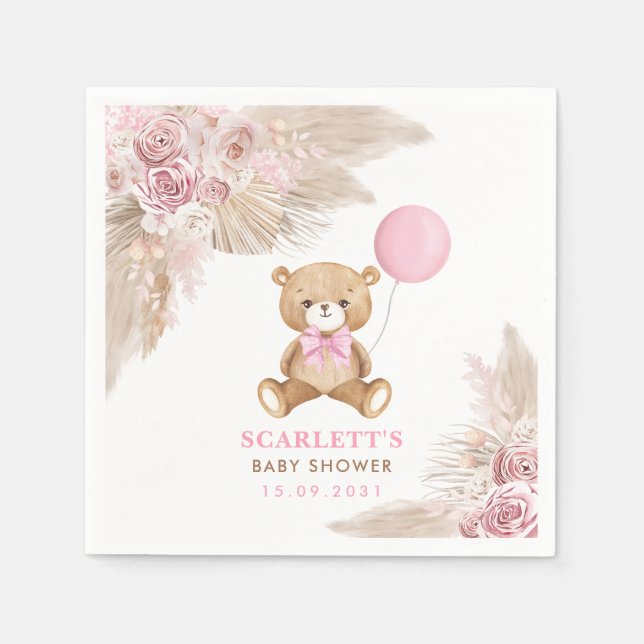 Dusty Pink Floral Girl Boho Teddy Bear Baby Serviette (Vorderseite)