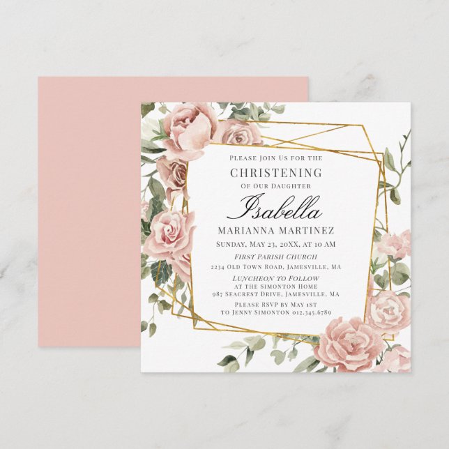 Dusty Pink Floral Gold Geometric Frame Christening Einladung (Vorne/Hinten)
