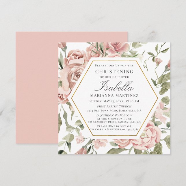 Dusty Pink Floral Gold Rahmen Christening Einladung (Vorne/Hinten)