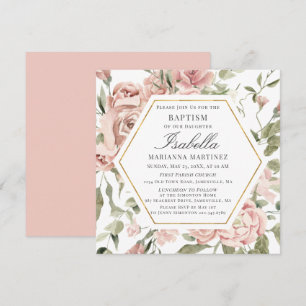 Dusty Pink Floral Gold Rahmen Taufen Einladung
