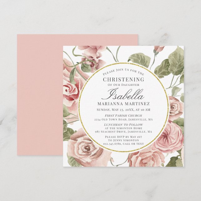 Dusty Pink Floral Gold Round Frame Christening Einladung (Vorne/Hinten)