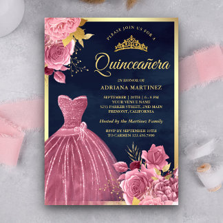 Dusty Pink Floral Gown Navy Blue Gold Quinceanera Einladung