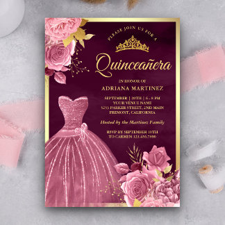 Dusty Pink Floral Gown Plum Gold Quinceanera Einladung