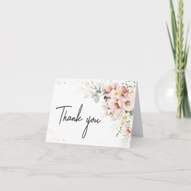 Dusty Pink Floral Greenery Baby Dusche Dankeskarte (Vorderseite)