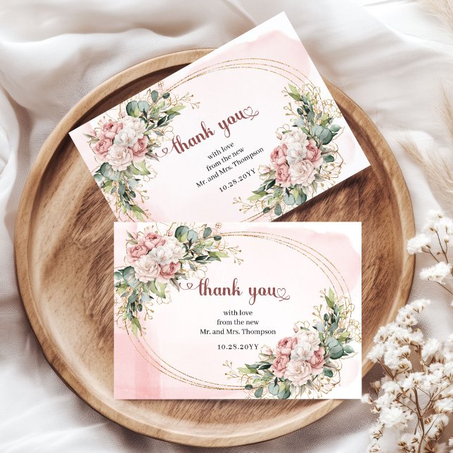 Dusty Pink Floral Greenery Romantic Wedding  Dankeskarte (Dusty Pink Floral Greenery Romantic Wedding Thank You Card)