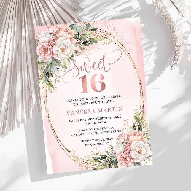 Dusty Pink Floral Greenery Sweet Sixteen Invites Einladung (Dusty Pink Floral Greenery Sweet Sixteen Invitation)