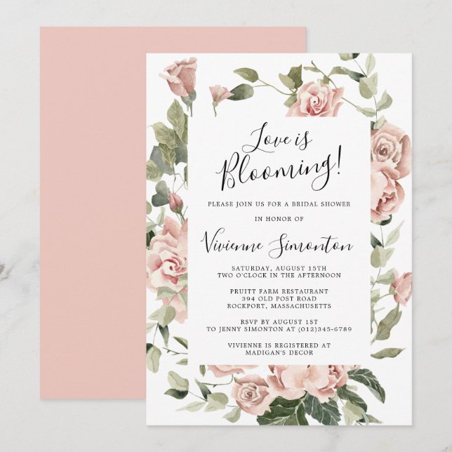 Dusty Pink Floral Liebe Blooming Brautparty Einladung (Vorne/Hinten)