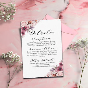 Dusty Pink Floral Modernes Skript Hochzeitsdetails Begleitkarte