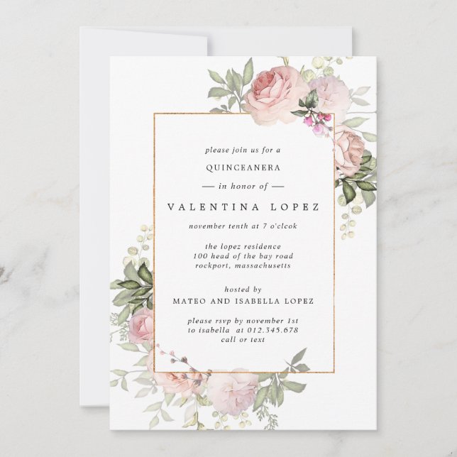 Dusty Pink Floral Quinceanera Einladung (Vorderseite)